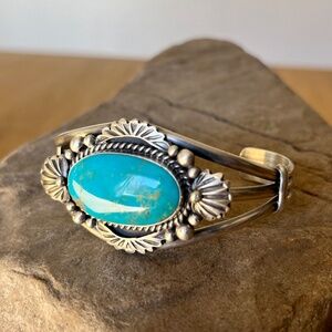 Navajo Sterling Silver Turquoise Bracelet Cuff by Jimmy Lee Native American
